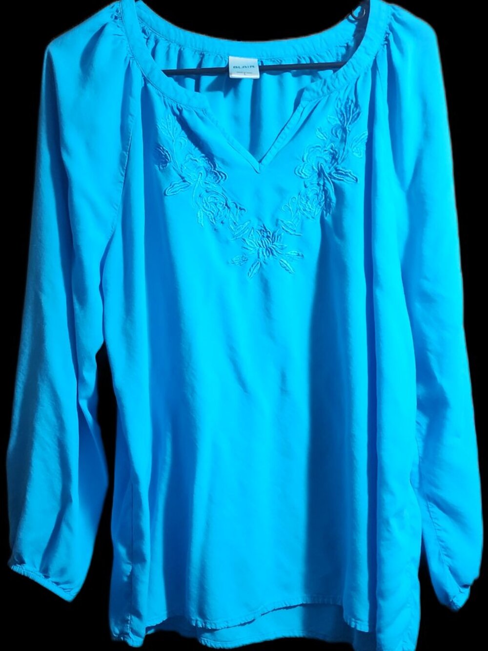 Blair Bright Turquoise Blue Embroidered V-Neck Long Sleeve Blouse Size L